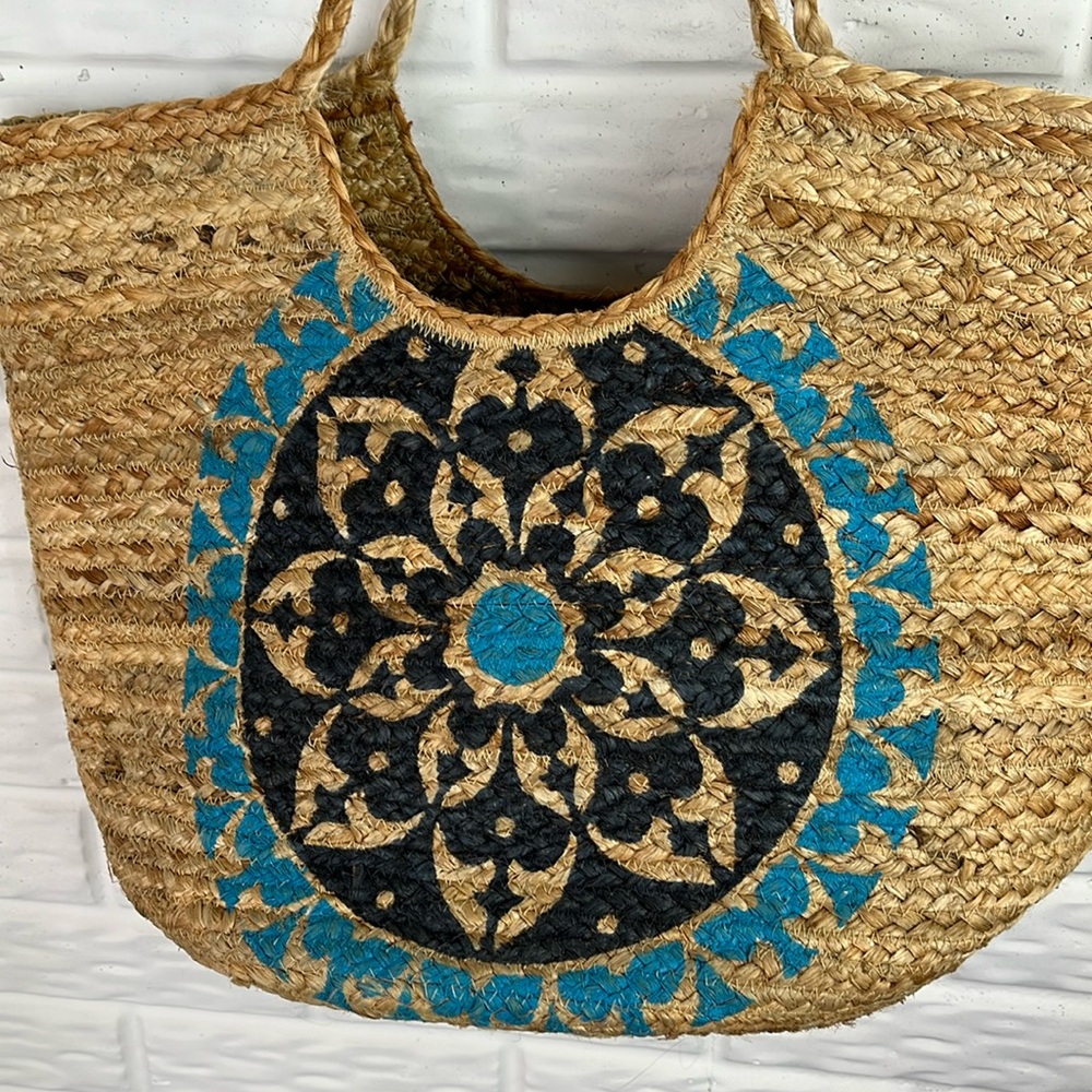 ANTIK KRAFT 100% JUTE Natural Woven Boho Large Tote Bag Blue Mandala Medallion - Picture 3 of 12